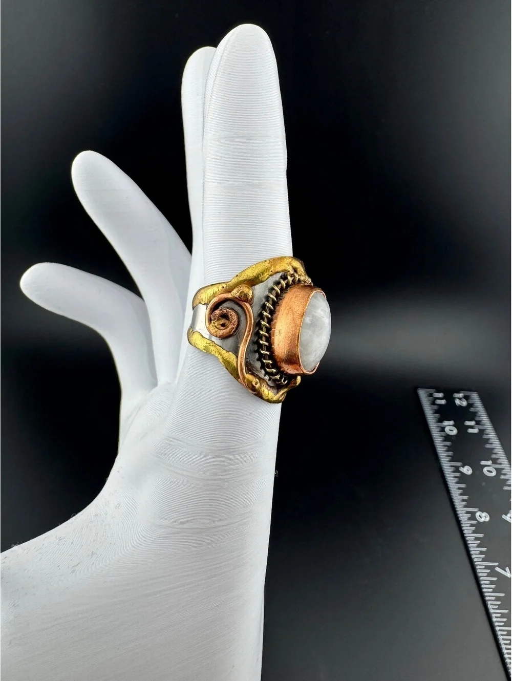 Adjustable Mixed Metal Ring with Natural Oval Stone Accent